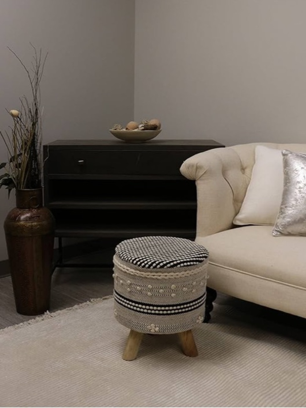 Handcrafted woven boho black and cream Pom Pom wood legs stool seat table NWT - Picture 4 of 14